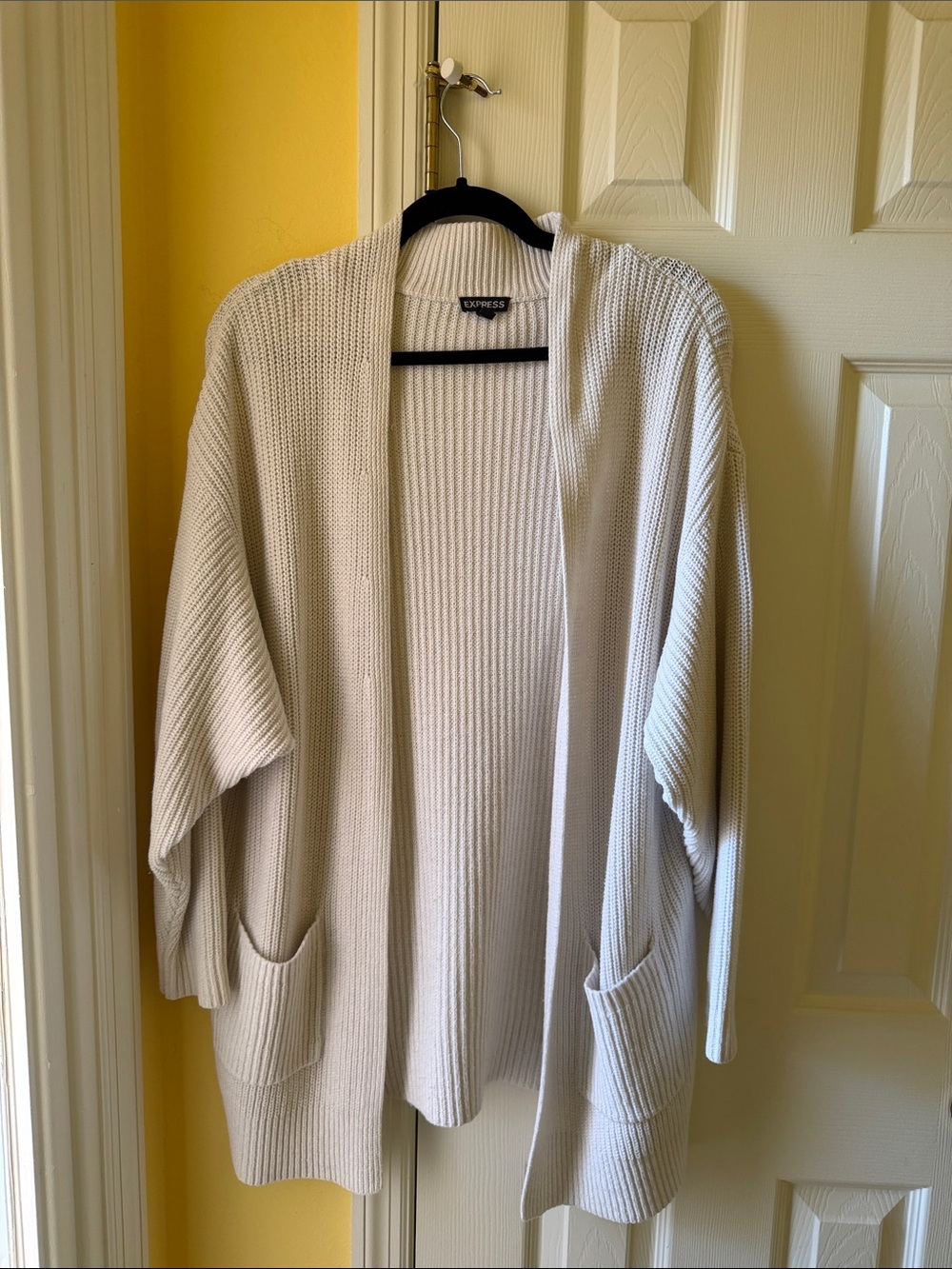 Express Women's Cream Open-Front Ribbed Cardigan with Pockets